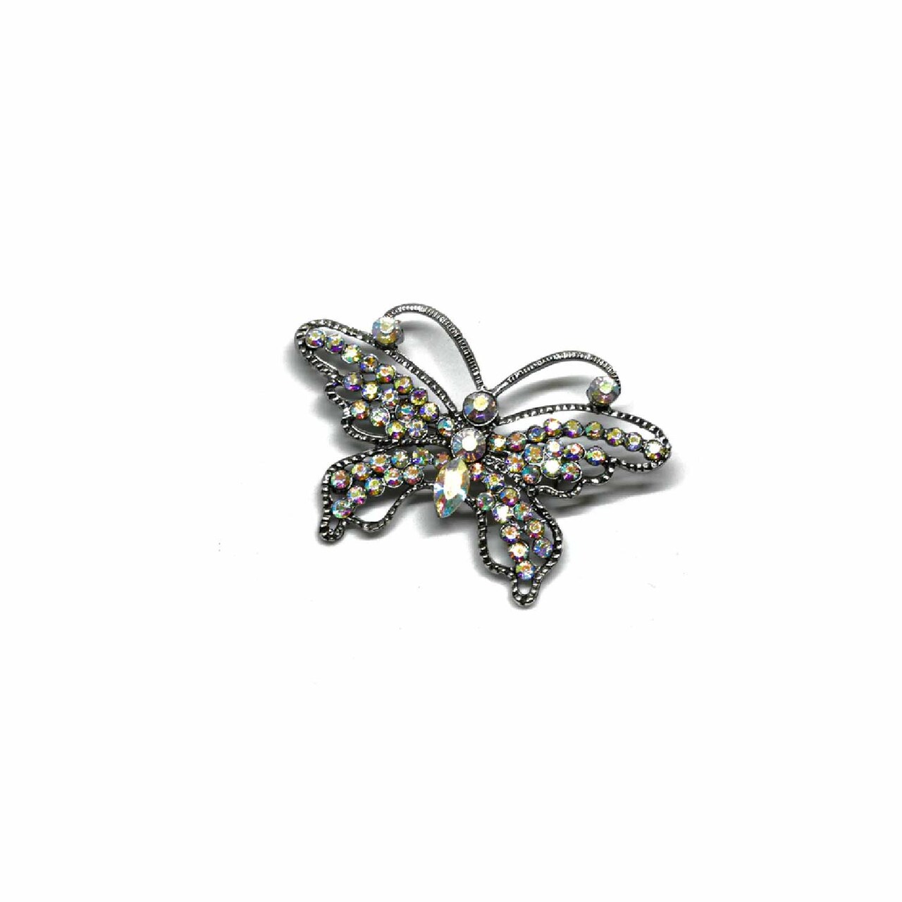 Rhinestone Butterfly Brooch Pin Silver Aurora Borealis For Crafts Costumes 2 1/4 Inch X 1 3/4 Inch